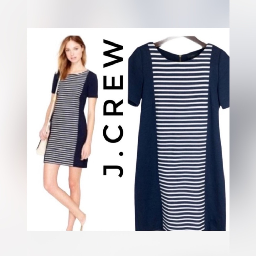 J. Crew Navy Striped Knit Short Sleeve Mini Shift Dress Size 0 *EUC* - Picture 2 of 9